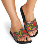 Pink Red Rose Floral Pattern Print Black Slide Sandals