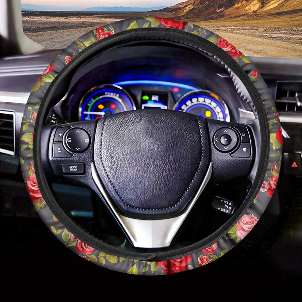 Pink Red Rose Floral Pattern Print Car Steering Wheel Cover