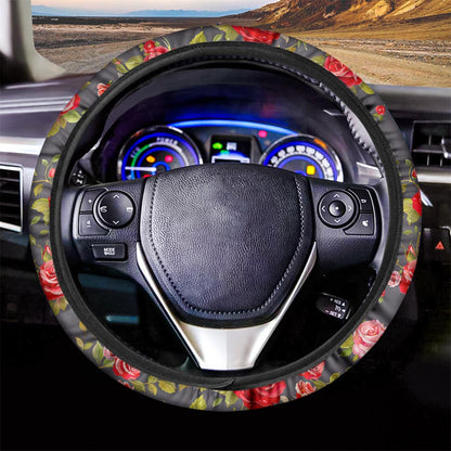 Pink Red Rose Floral Pattern Print Car Steering Wheel Cover