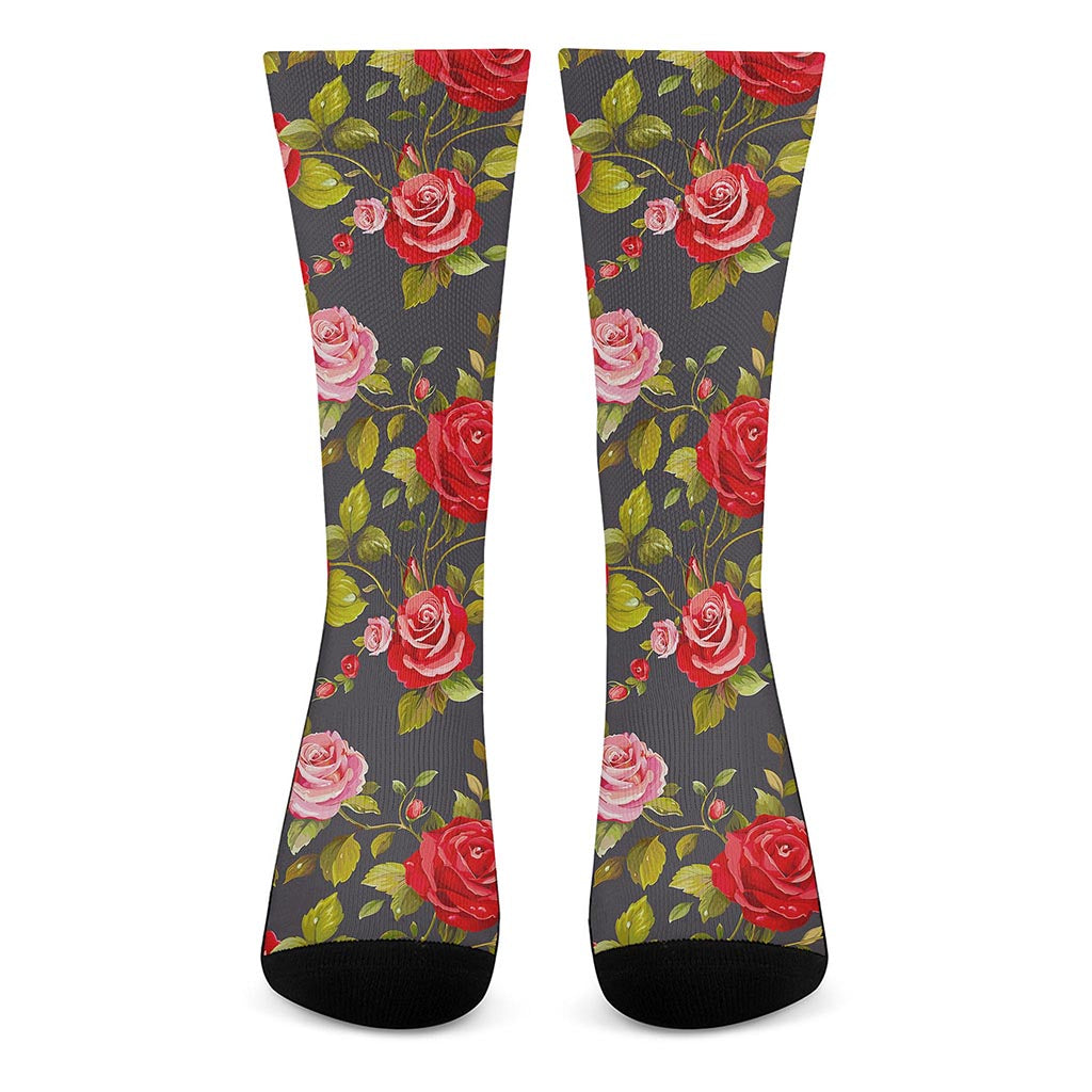 Pink Red Rose Floral Pattern Print Crew Socks