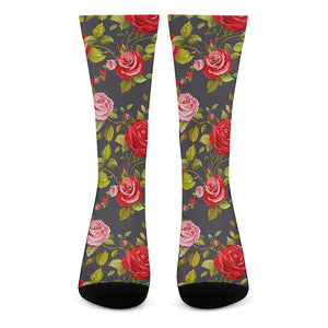 Pink Red Rose Floral Pattern Print Crew Socks