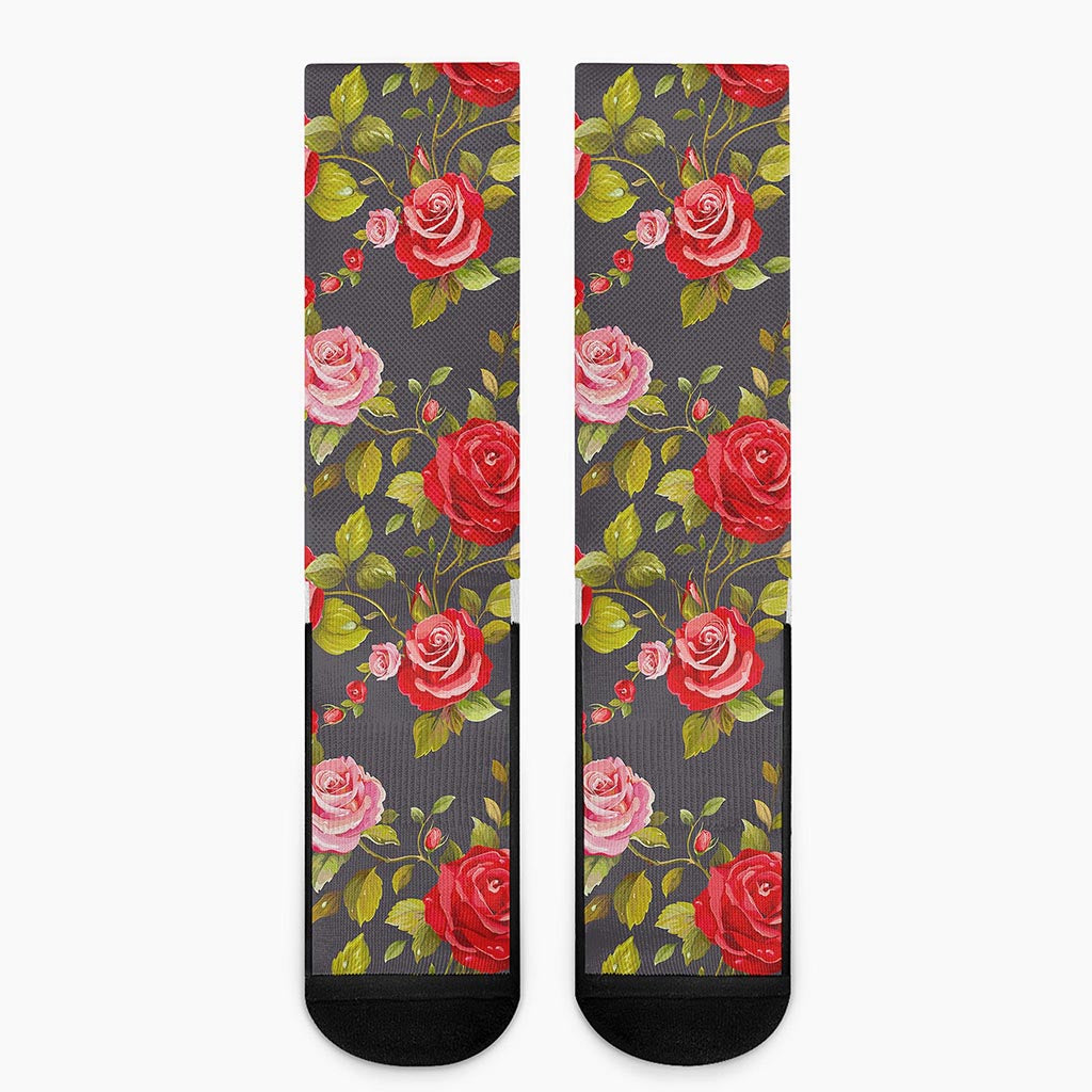 Pink Red Rose Floral Pattern Print Crew Socks