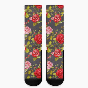 Pink Red Rose Floral Pattern Print Crew Socks