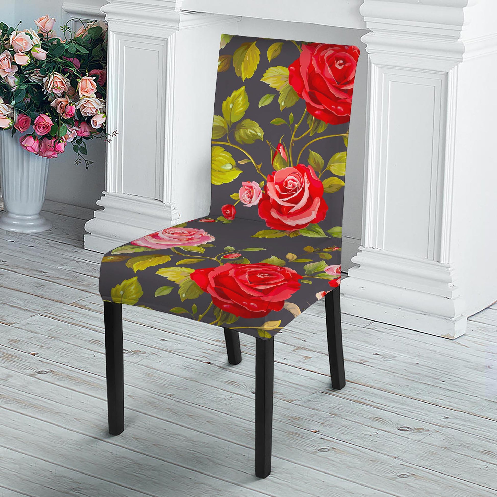 Pink Red Rose Floral Pattern Print Dining Chair Slipcover