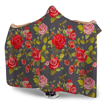 Pink Red Rose Floral Pattern Print Hooded Blanket