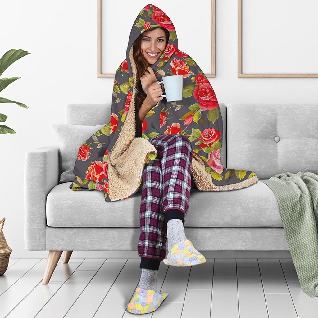 Pink Red Rose Floral Pattern Print Hooded Blanket