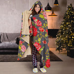 Pink Red Rose Floral Pattern Print Hooded Blanket