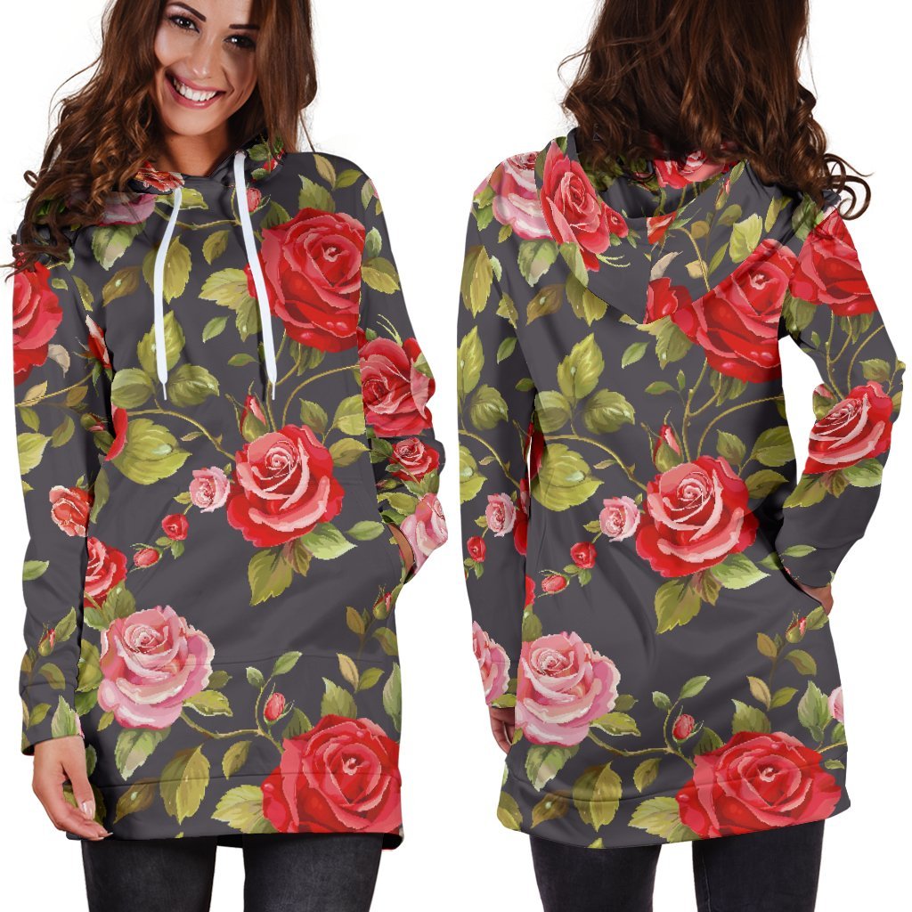 Pink Red Rose Floral Pattern Print Hoodie Dress GearFrost