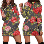 Pink Red Rose Floral Pattern Print Hoodie Dress GearFrost