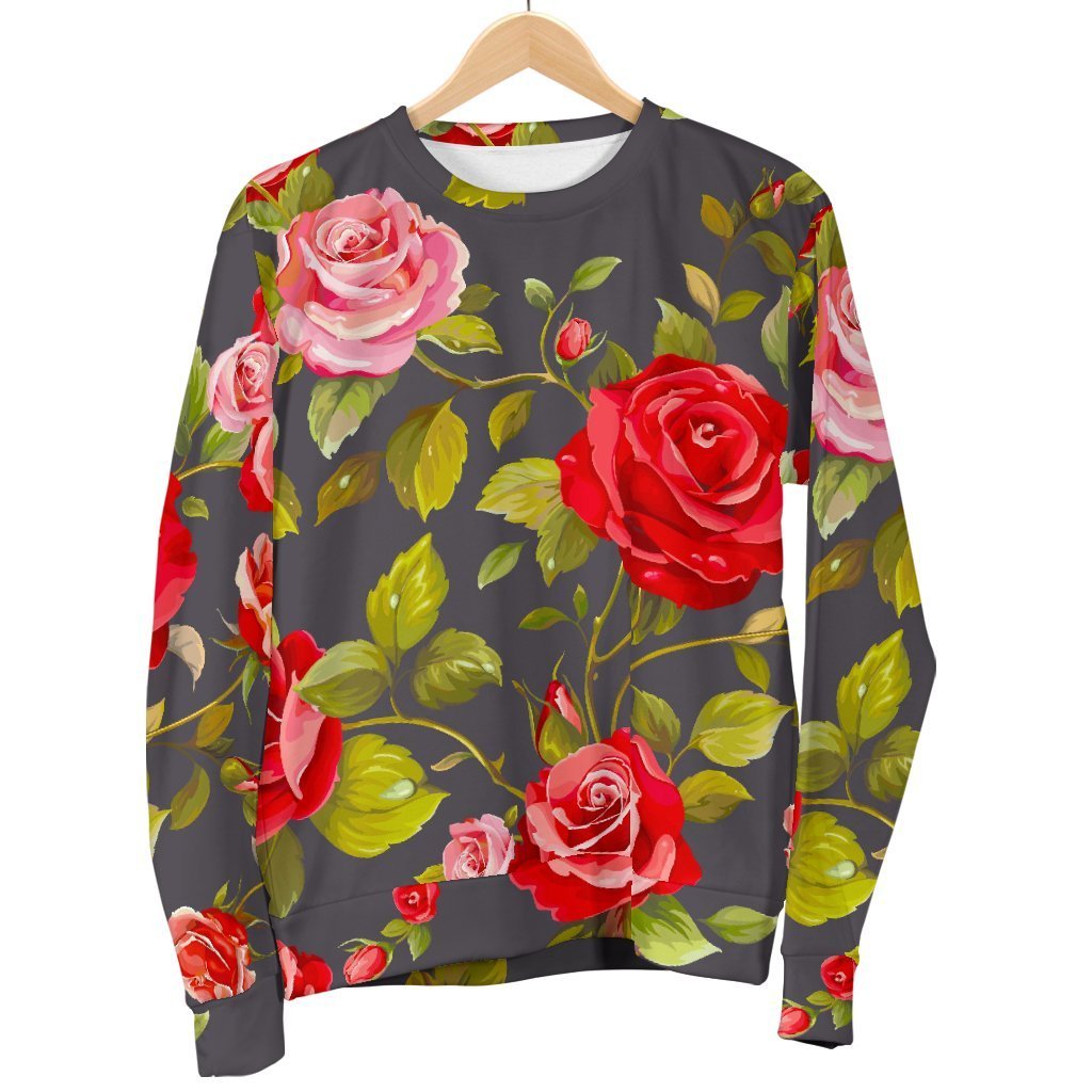 Pink Red Rose Floral Pattern Print Men's Crewneck Sweatshirt GearFrost