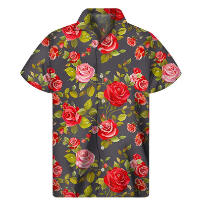 Pink Red Rose Floral Pattern Print Men's Short Sleeve Shirt