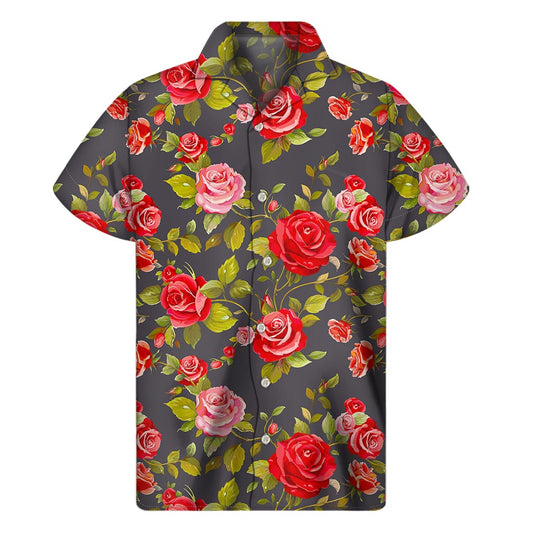 Pink Red Rose Floral Pattern Print Men's Short Sleeve Shirt