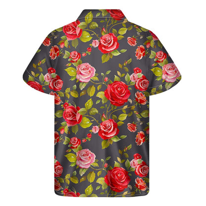 Pink Red Rose Floral Pattern Print Men's Short Sleeve Shirt