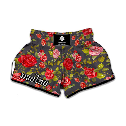 Pink Red Rose Floral Pattern Print Muay Thai Boxing Shorts