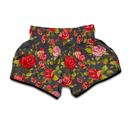 Pink Red Rose Floral Pattern Print Muay Thai Boxing Shorts