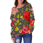 Pink Red Rose Floral Pattern Print Off Shoulder Sweatshirt GearFrost