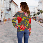 Pink Red Rose Floral Pattern Print Off Shoulder Sweatshirt GearFrost