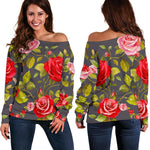 Pink Red Rose Floral Pattern Print Off Shoulder Sweatshirt GearFrost