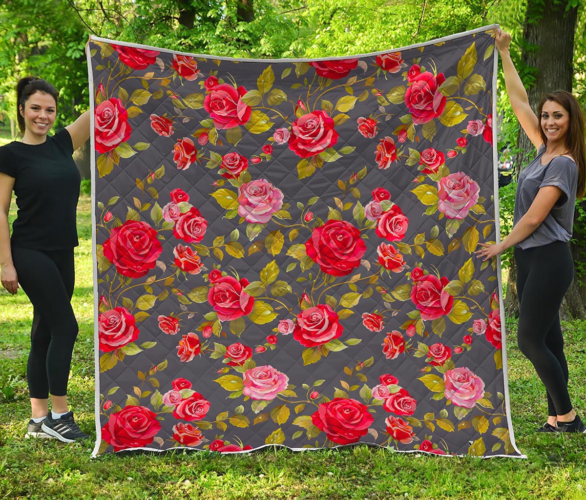Pink Red Rose Floral Pattern Print Quilt