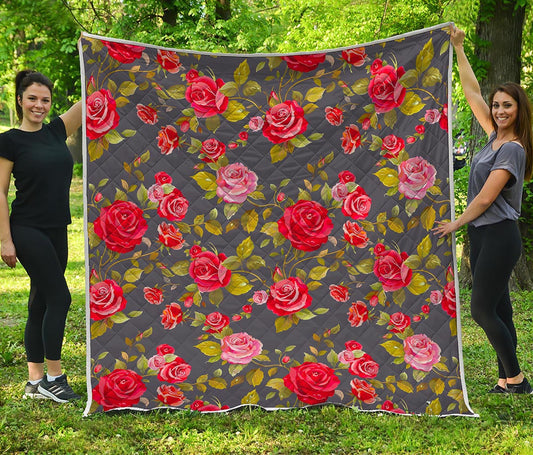 Pink Red Rose Floral Pattern Print Quilt