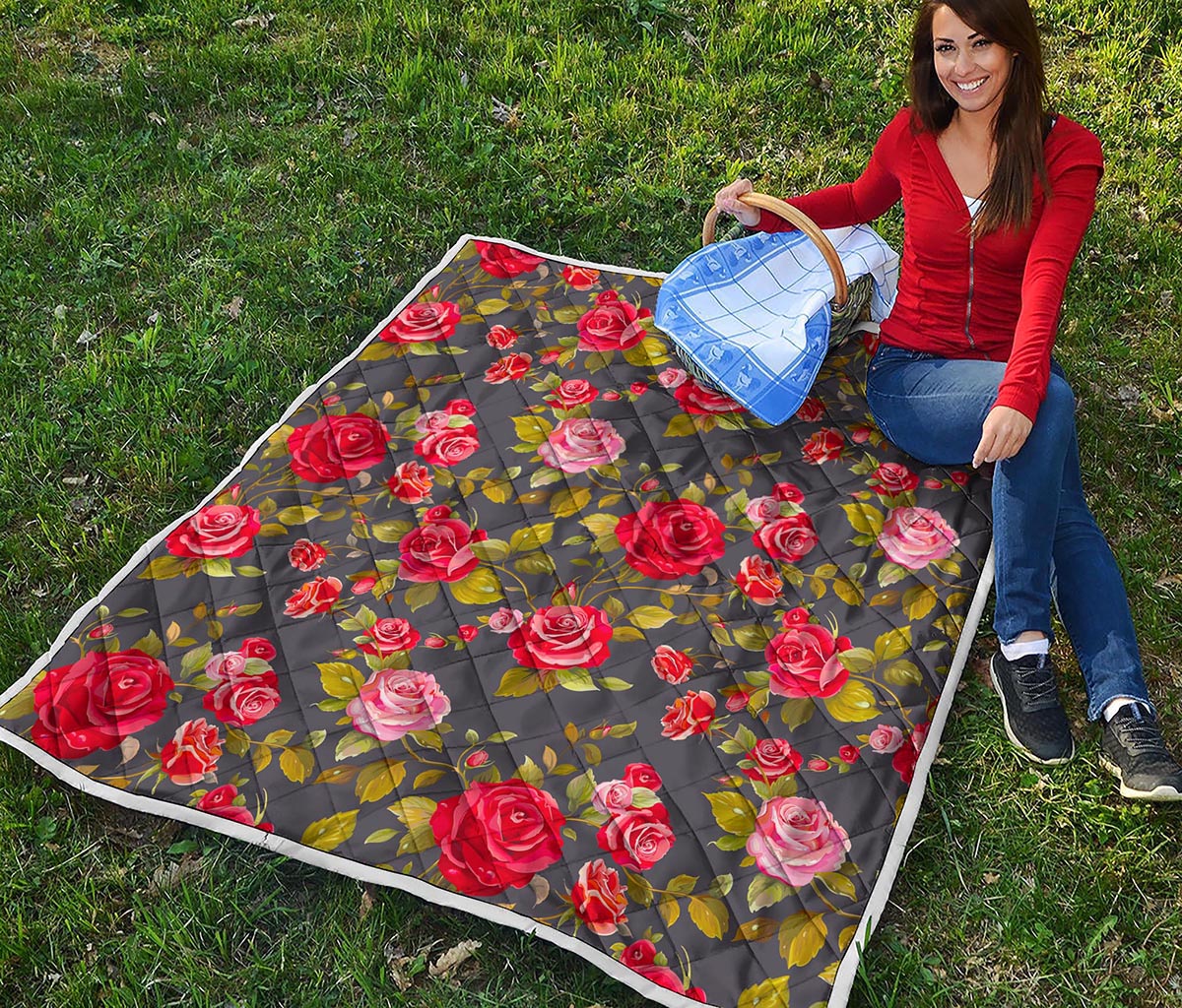 Pink Red Rose Floral Pattern Print Quilt