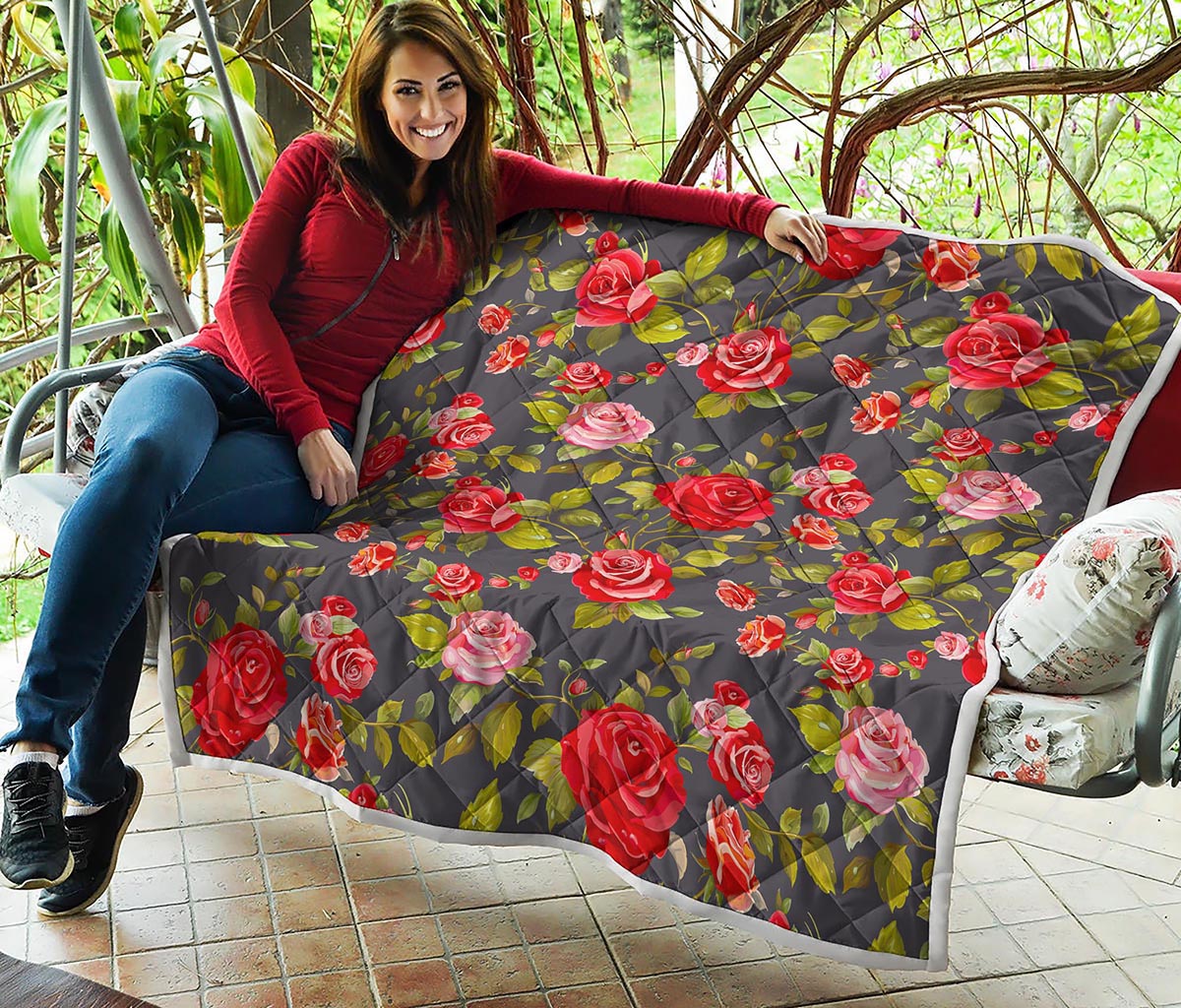 Pink Red Rose Floral Pattern Print Quilt