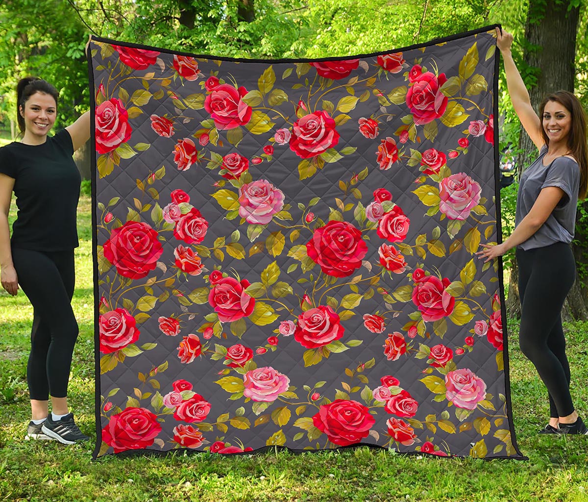 Pink Red Rose Floral Pattern Print Quilt