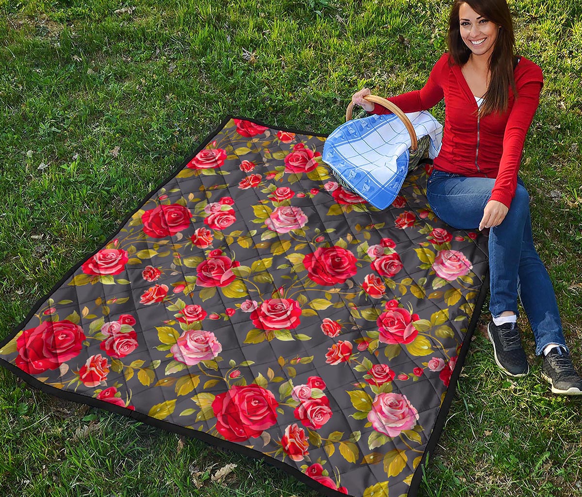 Pink Red Rose Floral Pattern Print Quilt