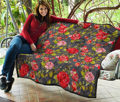 Pink Red Rose Floral Pattern Print Quilt