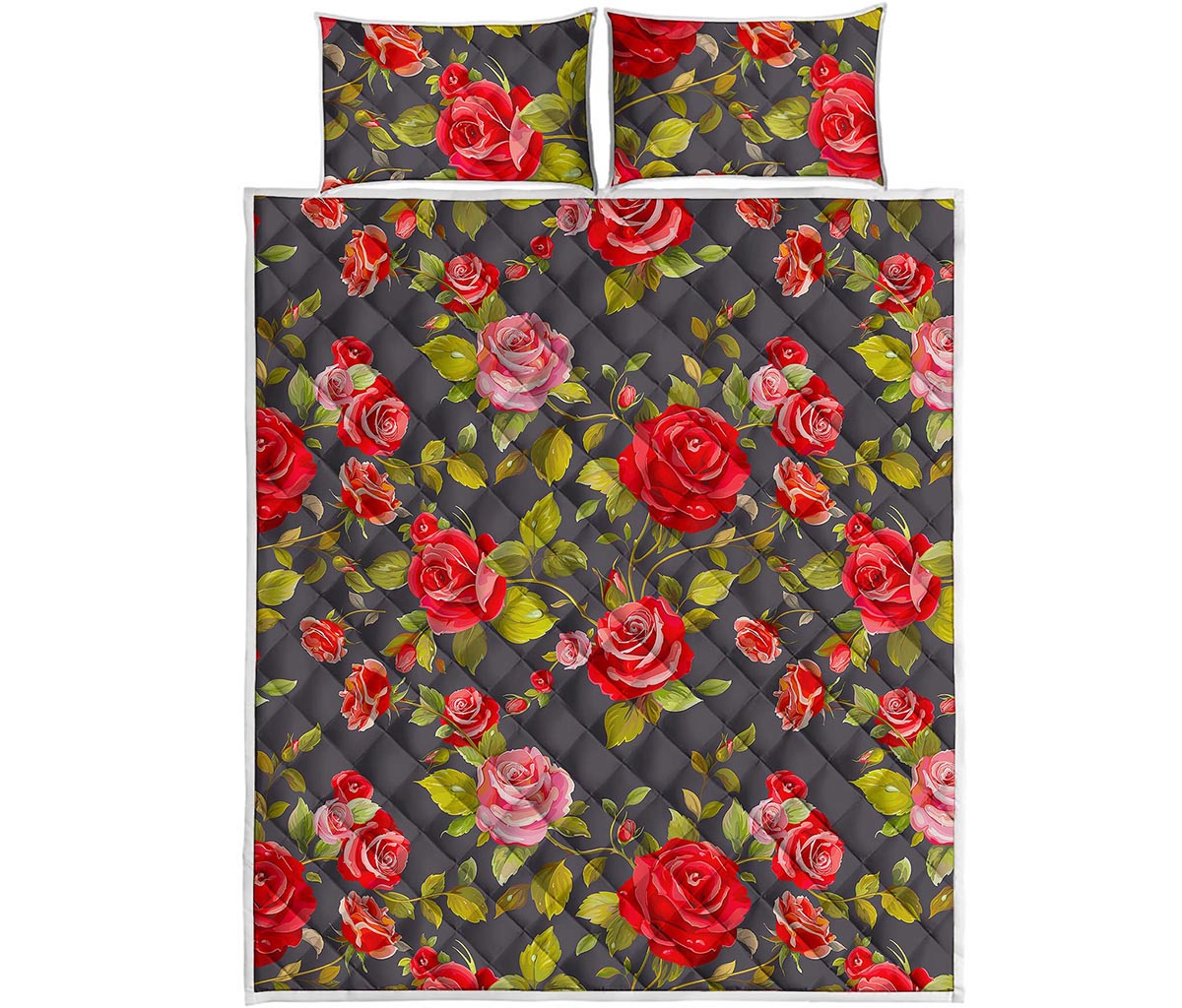 Pink Red Rose Floral Pattern Print Quilt Bed Set