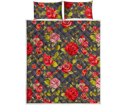 Pink Red Rose Floral Pattern Print Quilt Bed Set