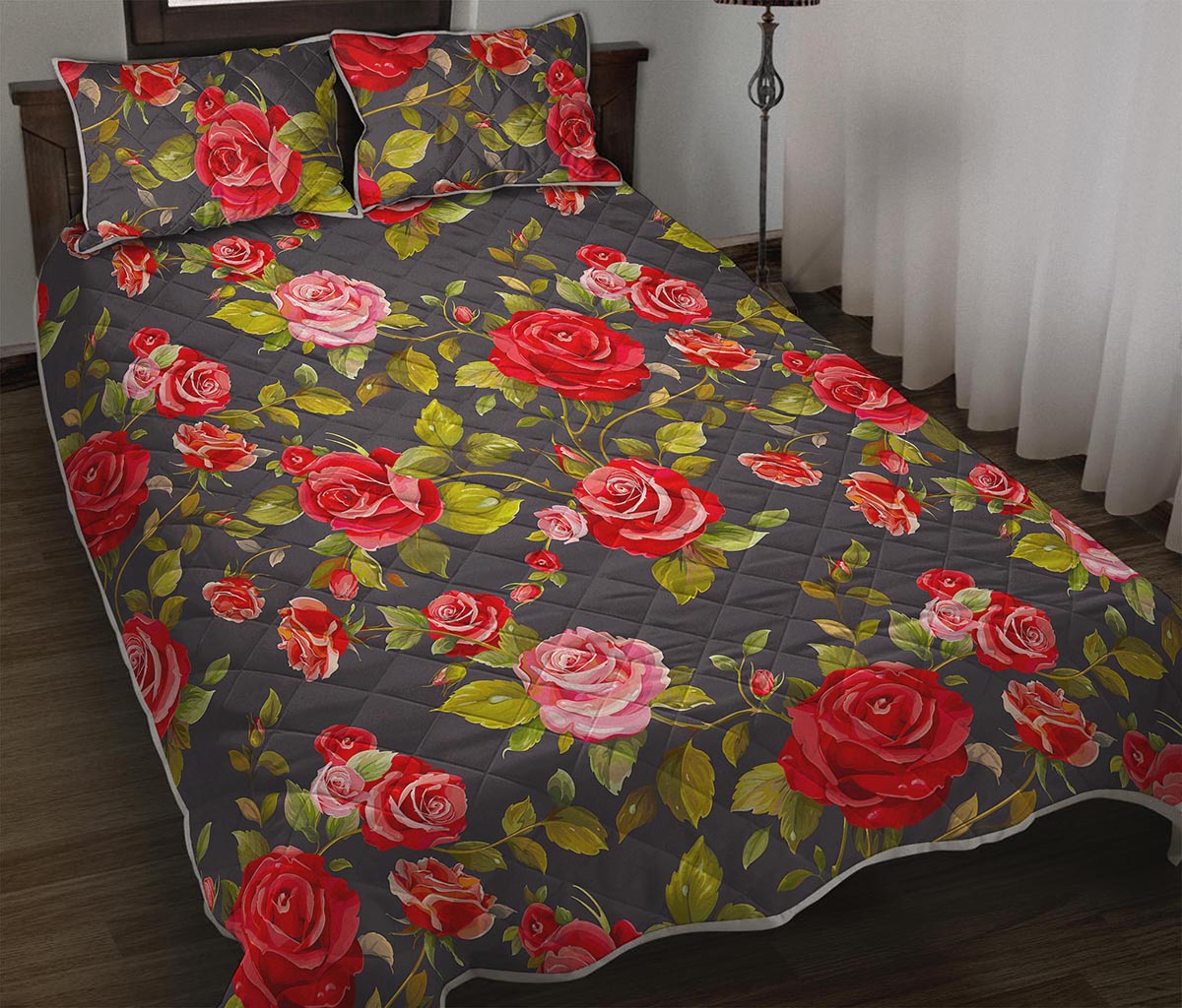 Pink Red Rose Floral Pattern Print Quilt Bed Set
