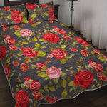 Pink Red Rose Floral Pattern Print Quilt Bed Set