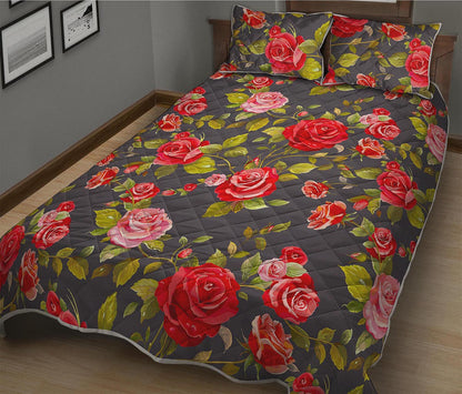 Pink Red Rose Floral Pattern Print Quilt Bed Set