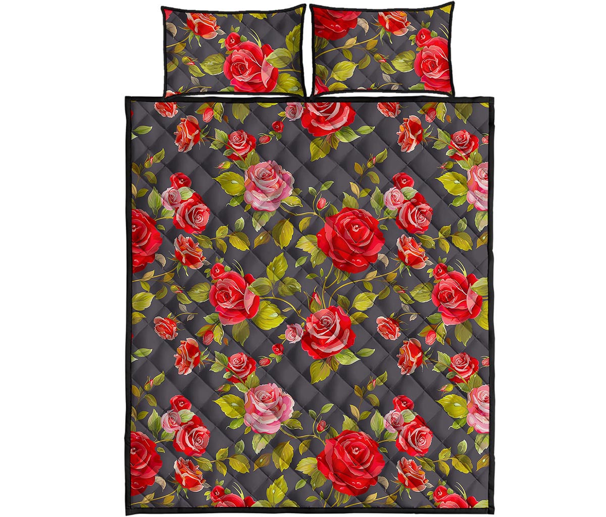Pink Red Rose Floral Pattern Print Quilt Bed Set