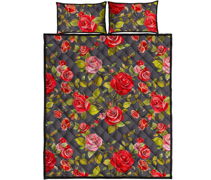 Pink Red Rose Floral Pattern Print Quilt Bed Set