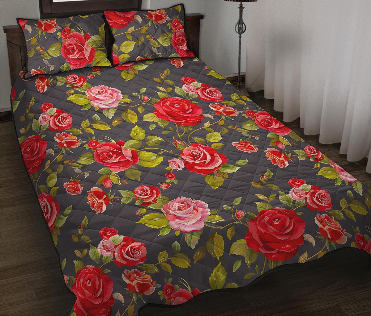 Pink Red Rose Floral Pattern Print Quilt Bed Set
