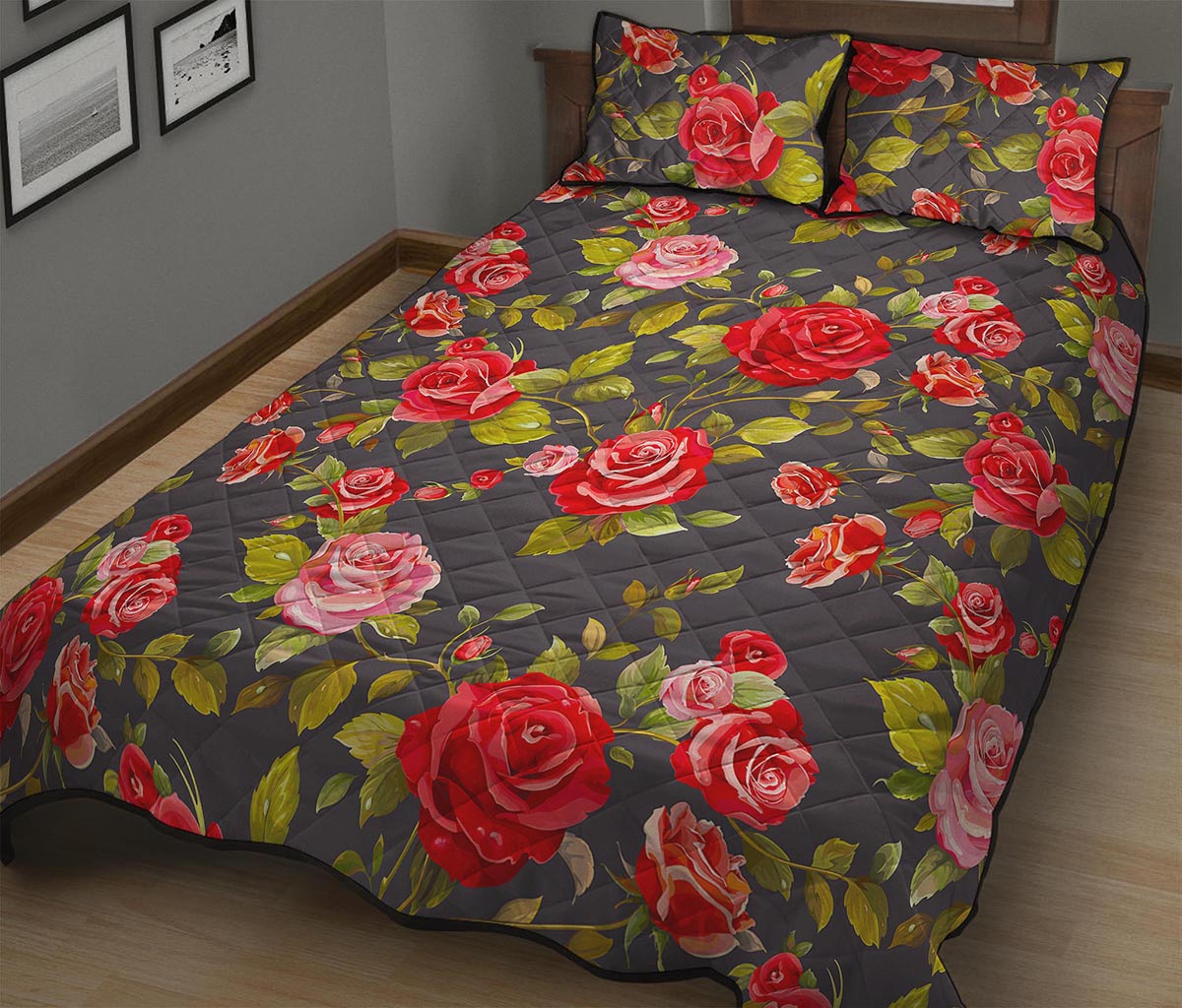 Pink Red Rose Floral Pattern Print Quilt Bed Set