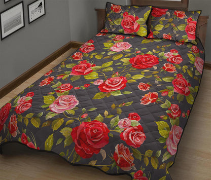 Pink Red Rose Floral Pattern Print Quilt Bed Set