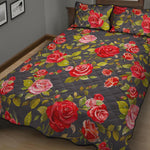 Pink Red Rose Floral Pattern Print Quilt Bed Set