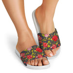 Pink Red Rose Floral Pattern Print White Slide Sandals