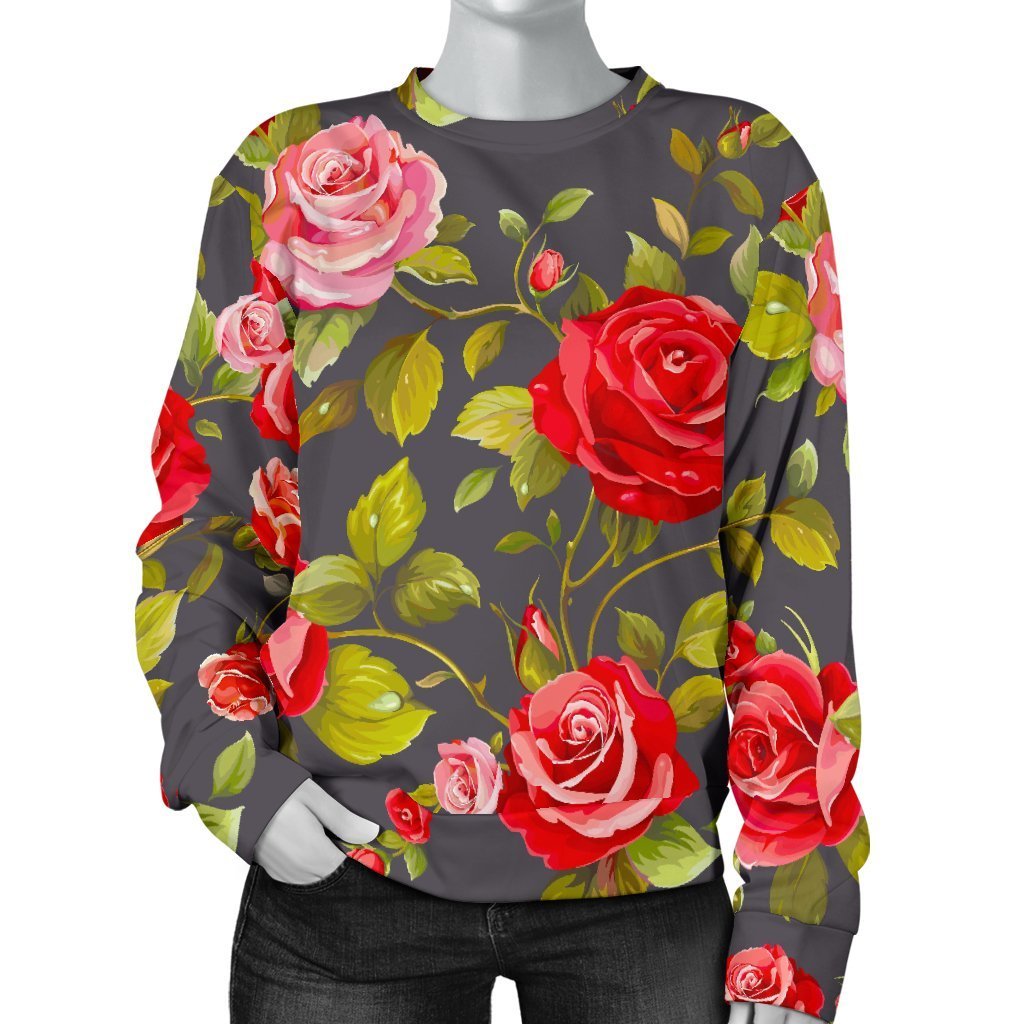 Pink Red Rose Floral Pattern Print Women's Crewneck Sweatshirt GearFrost