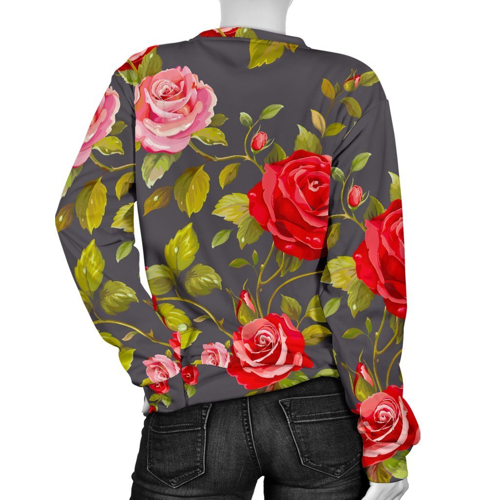 Pink Red Rose Floral Pattern Print Women's Crewneck Sweatshirt GearFrost