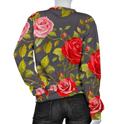 Pink Red Rose Floral Pattern Print Women's Crewneck Sweatshirt GearFrost