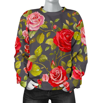 Pink Red Rose Floral Pattern Print Women's Crewneck Sweatshirt GearFrost