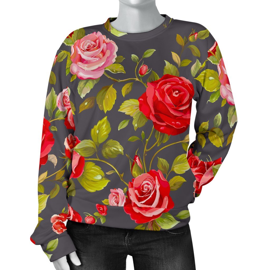 Pink Red Rose Floral Pattern Print Women's Crewneck Sweatshirt GearFrost