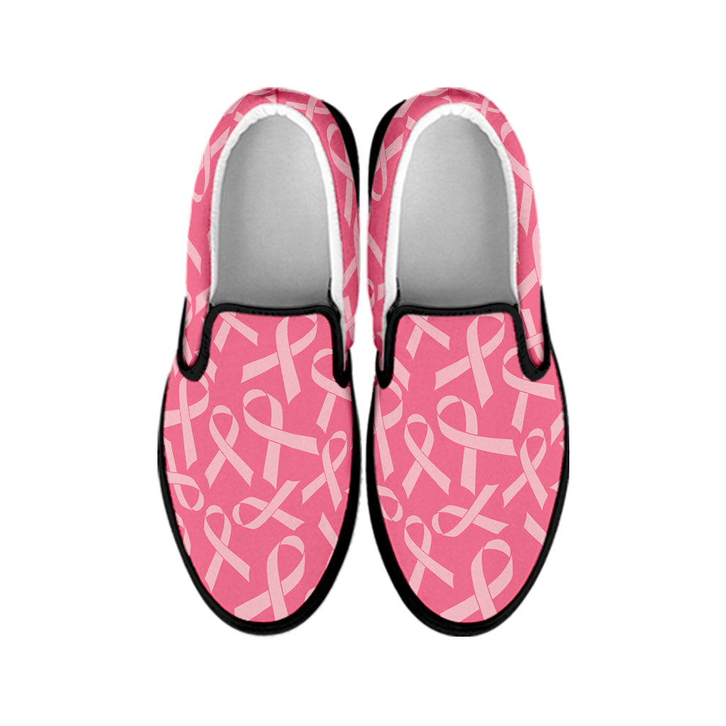 Pink Ribbon Breast Cancer Pattern Print Black Slip On Shoes