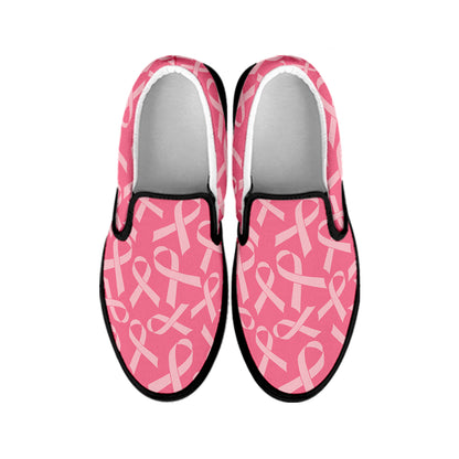 Pink Ribbon Breast Cancer Pattern Print Black Slip On Shoes