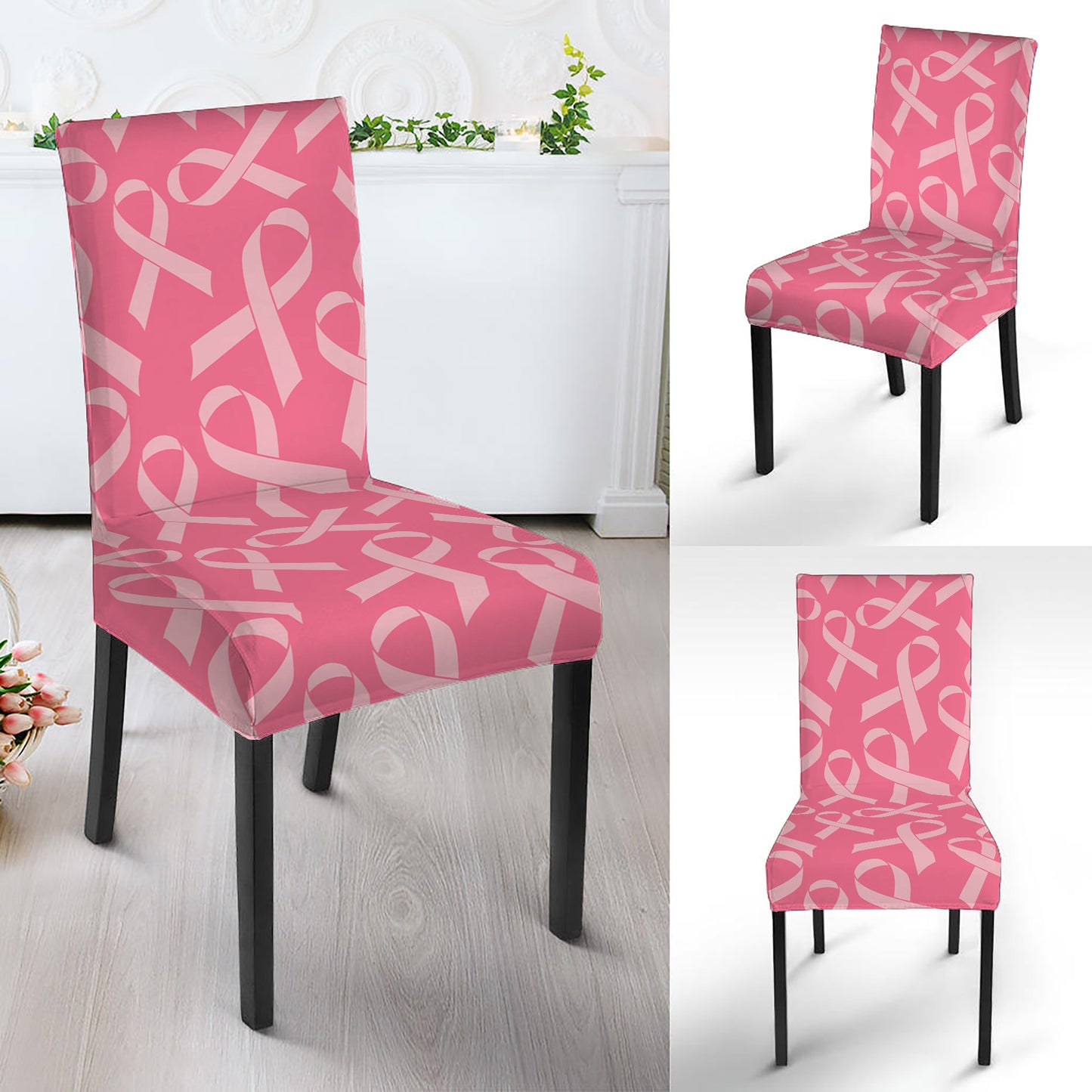 Pink Ribbon Breast Cancer Pattern Print Dining Chair Slipcover