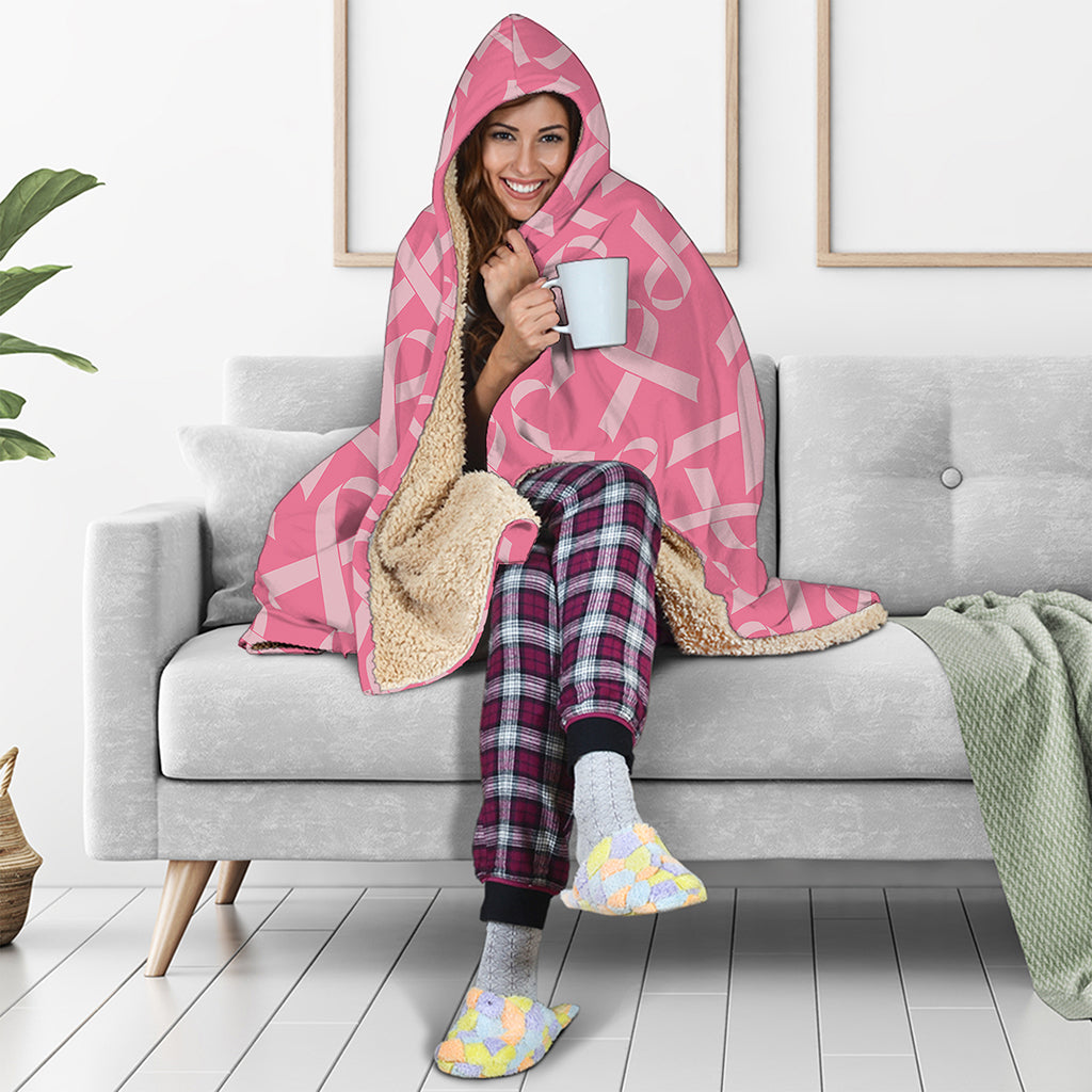 Pink Ribbon Breast Cancer Pattern Print Hooded Blanket